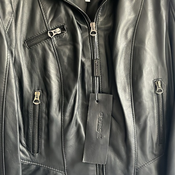 Italian Black Leather Zip Up Jacket Made by CURGÈ‎ size Woman LG or EU 46 NWT W6 - Picture 5 of 10